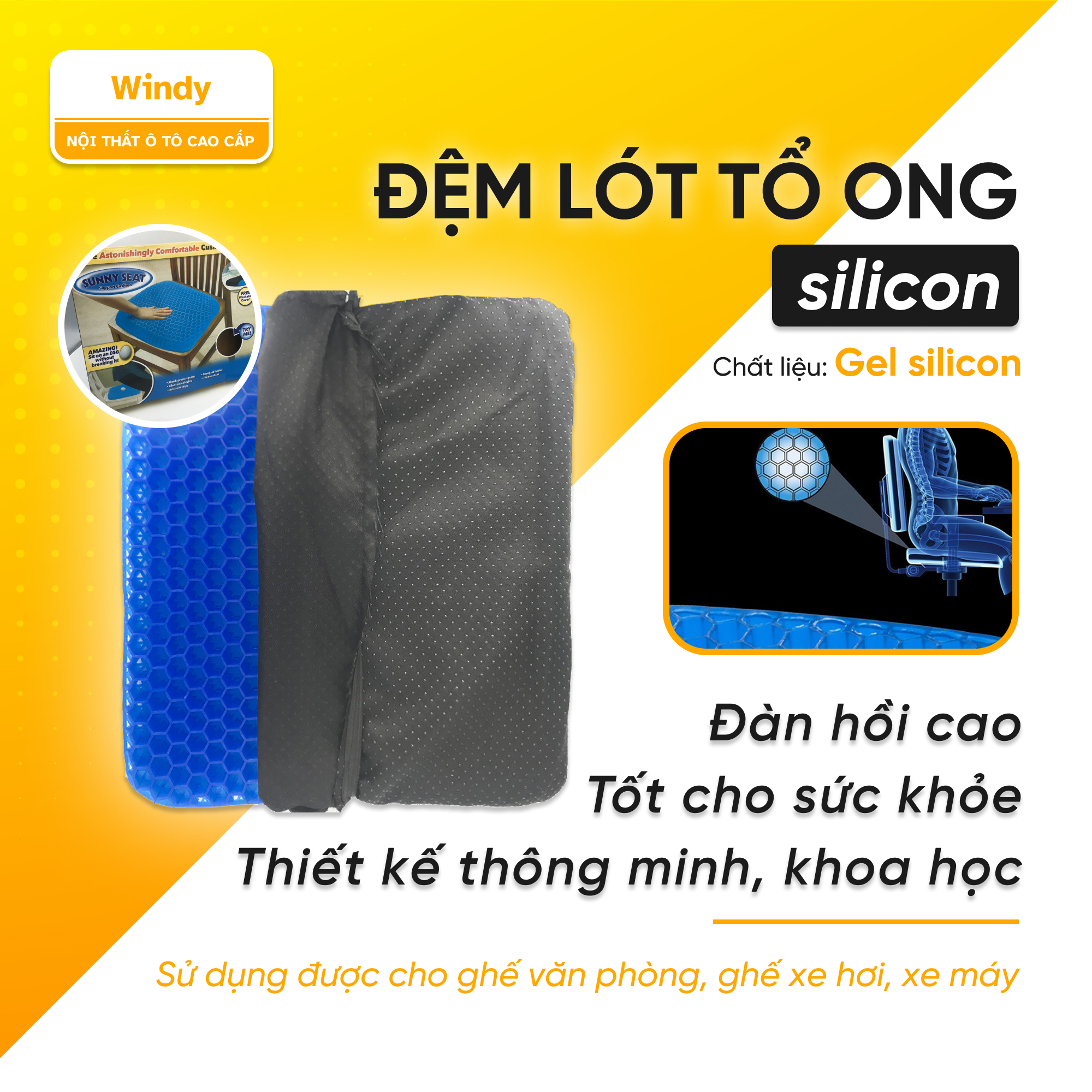 ĐỆM NGỒI 3D SILICON CAO CẤP THOÁNG KHÍ CHỐNG ĐAU MỎI