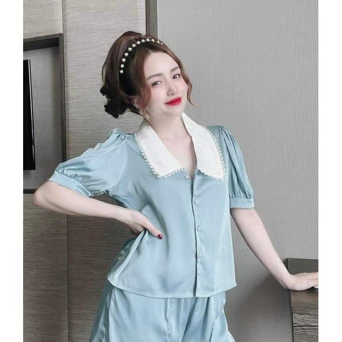 Bộ Pijama Quần Dài, Đồ Mặc Nhà Nữ Chất Lụa LATIN, Vải Đẹp, Bộ Ngủ Tay Ngắn Phối Lá Cổ Ren, Phom Dưới 56kg