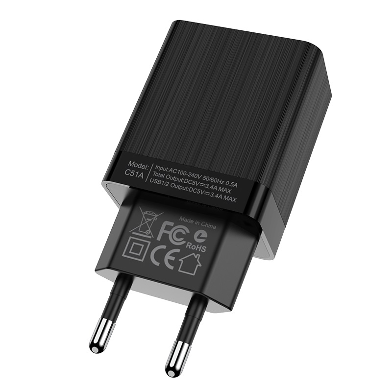 Cốc sạc Hoco 2 cổng USB sạc nhanh 3.4A MAX C51A cho iPhone/iPad/Samsung/Huawei/Xiaomi/Android - Hàng chính hãng