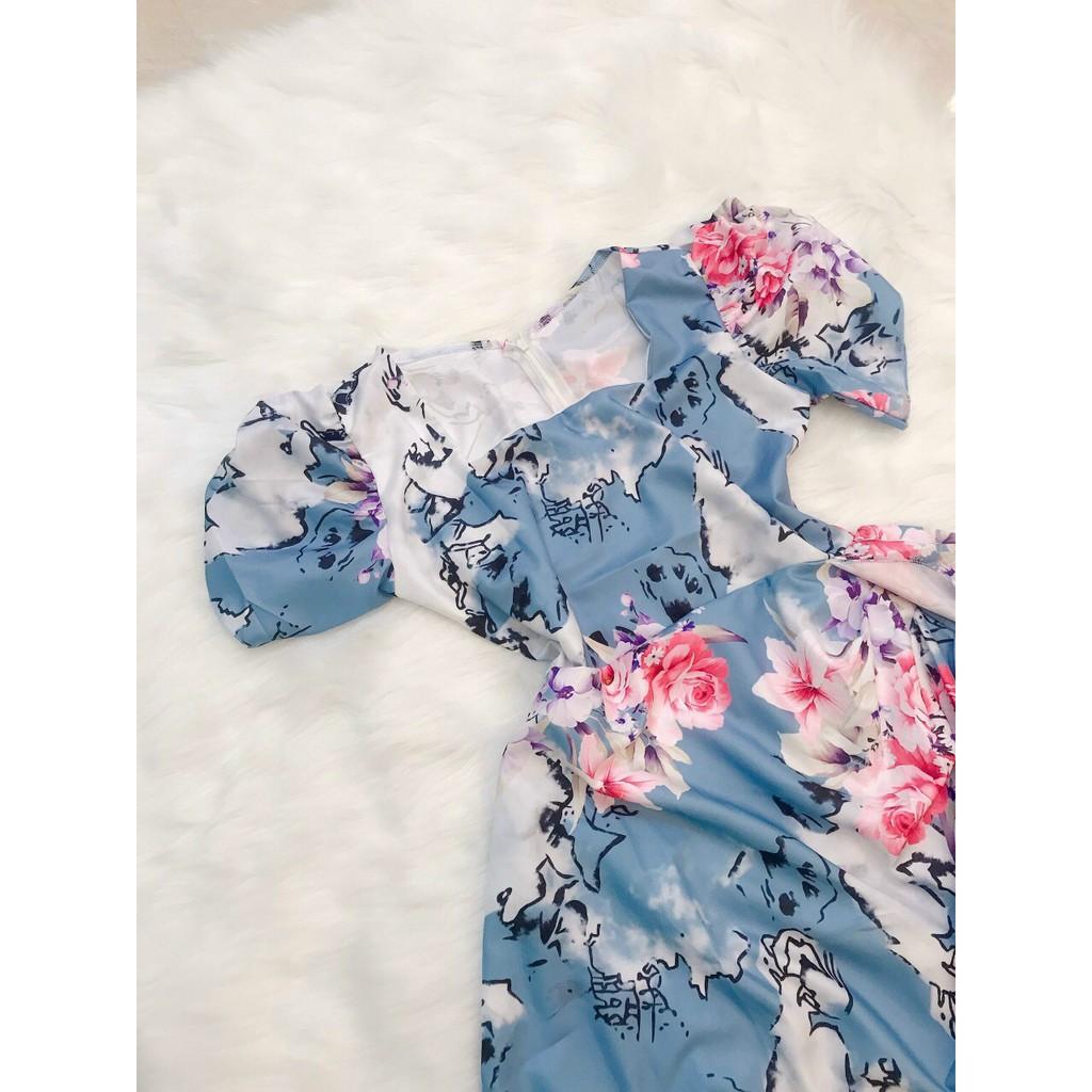 Đầm lụa xoè hoạ tiết hoa tay phồng bèo eo sang chảnh