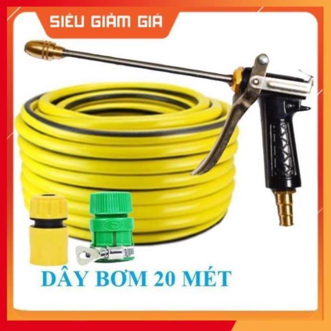 Bộ dây vòi xịt nước rửa xe, tưới cây . tăng áp 3 lần, loại 20m 206318 đầu đồng, cút, nối PE