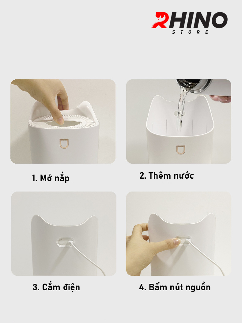 Máy phun sương tạo ẩm cỡ lớn Rhino H802 3000ml, 2 lõi phun, tích hợp đèn 7 màu, dung tích lớn cho không gian rộng - Hàng chính hãng