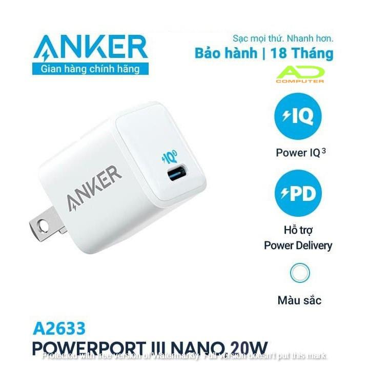 Cốc sạc nhanh Anker PowerPort III Nano USB-C Power Delivery dùng cho di động iPhone iPad Samsung - A2633