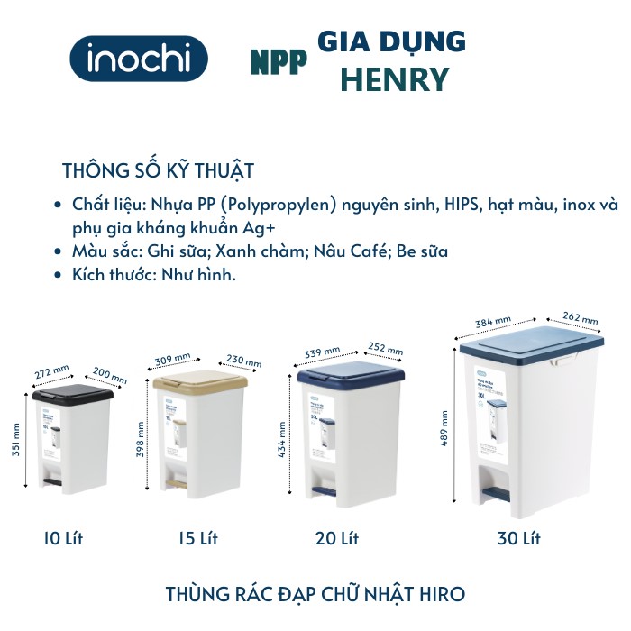 [Loại Kèm Ruột] Thùng Rác Đạp Chữ Nhật Hiro 10L-15L-20L-30L (Tặng kèm Sticker Cute) kháng khuẩn, ngăn mùi hôi hiệu quả- Chính hãng INOCHI
