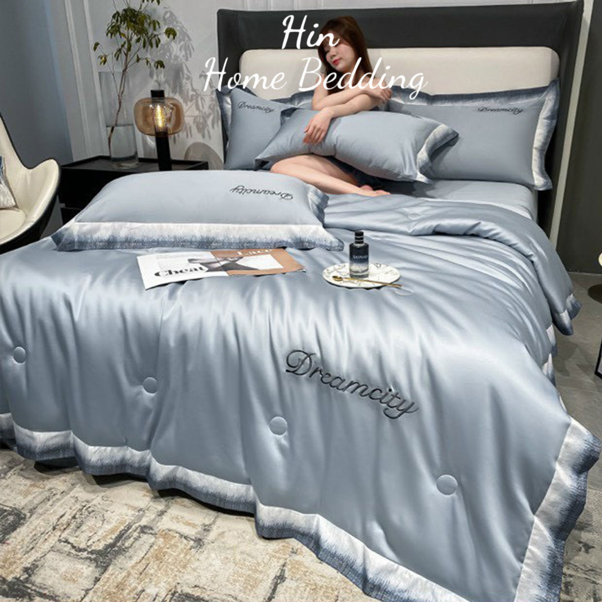 Bộ Chăn Ga Gối Đệm 5 Món Chăn Phao Lụa Thái Hin Home Bedding Mẫu Xanh Nhạt