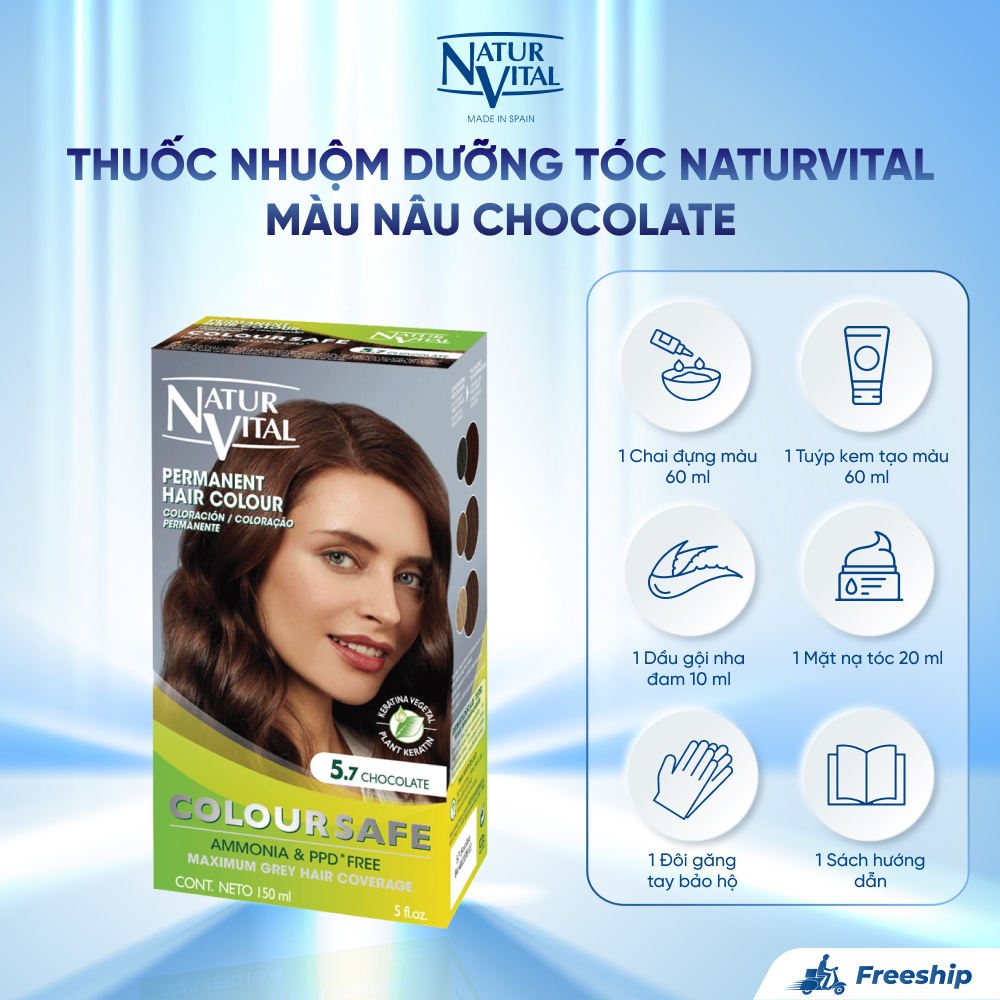 Thuốc Nhuộm Dưỡng Tóc NaturVital Colour Safe Permanent Hair Dye Chiết Xuất Lúa Mì & Đậu Nành, Giúp Làm Mới, Giữ Màu, Mang Đến Độ Mượt Bồng Bềnh - Màu Nâu Chocolate