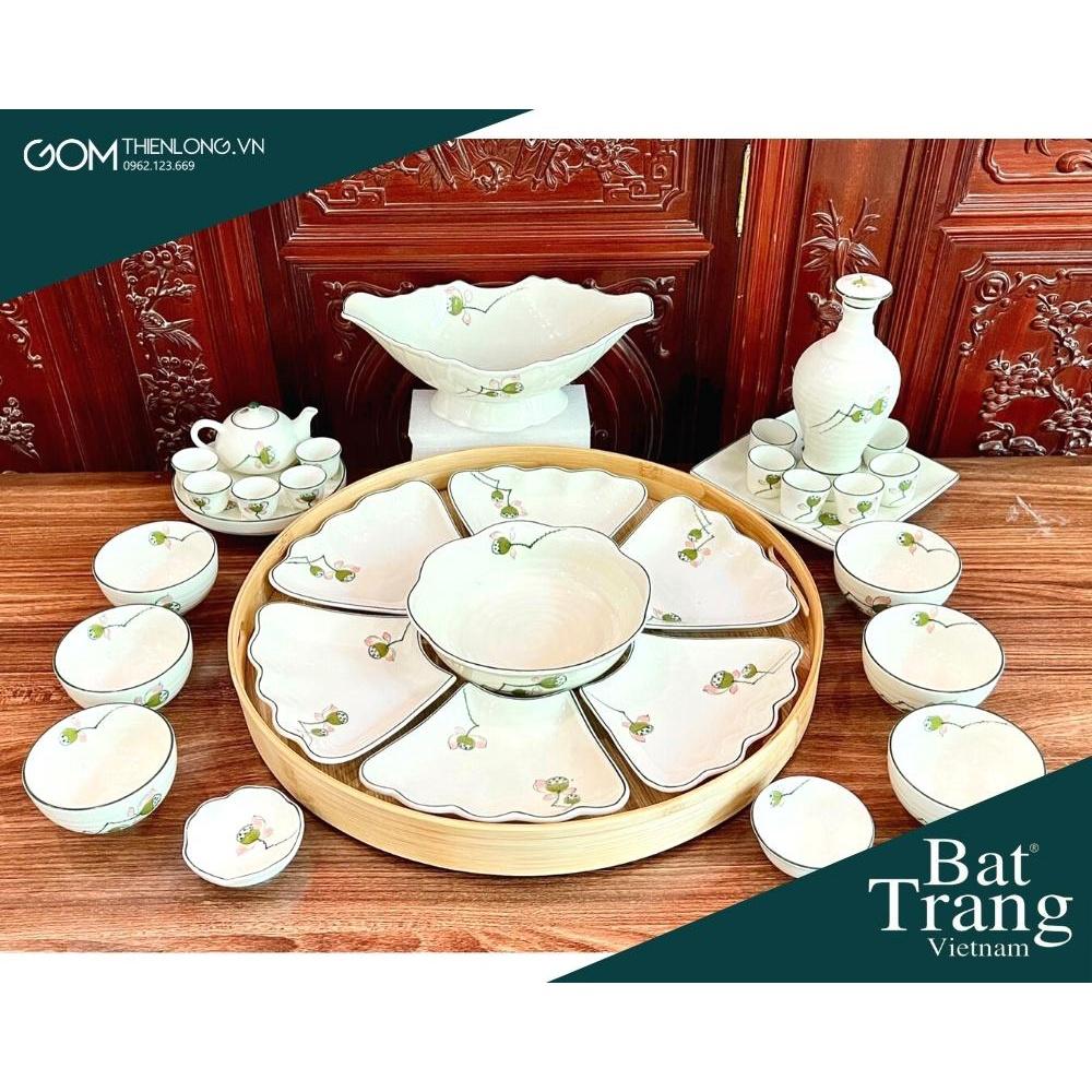 Bộ bát đĩa thắp hương hoa mặt trời men kem vẽ đài sen gốm Bát Tràng chính hãng Gốm Thiên Long 236625