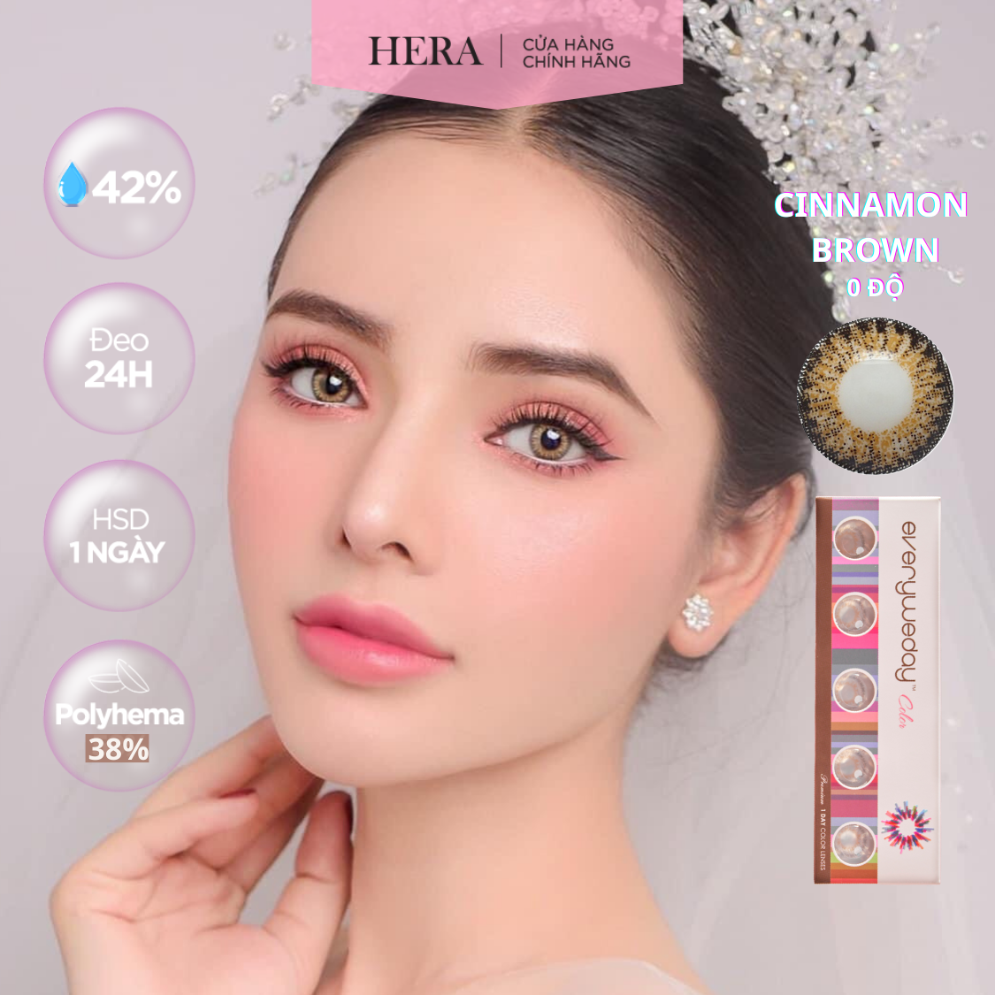 Kính Áp Tròng Hera Nâu Quế Viền Đen Không Độ CINNAMON BROWN Nhập Khẩu Hàn Quốc Lens Không Cận 1 Ngày