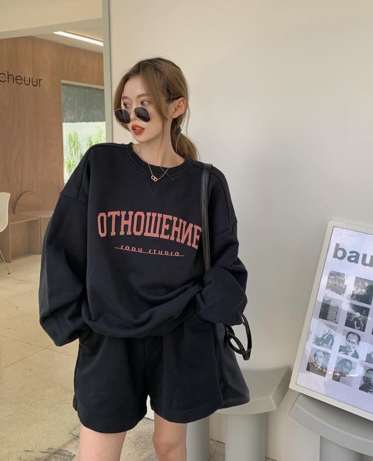 SQ013 Bộ quần áo nỉ thể thao dáng rộng đùi sooc OTHOWEHNE tay bo oversite, Set áo hoodie sweater dài tay và quần short