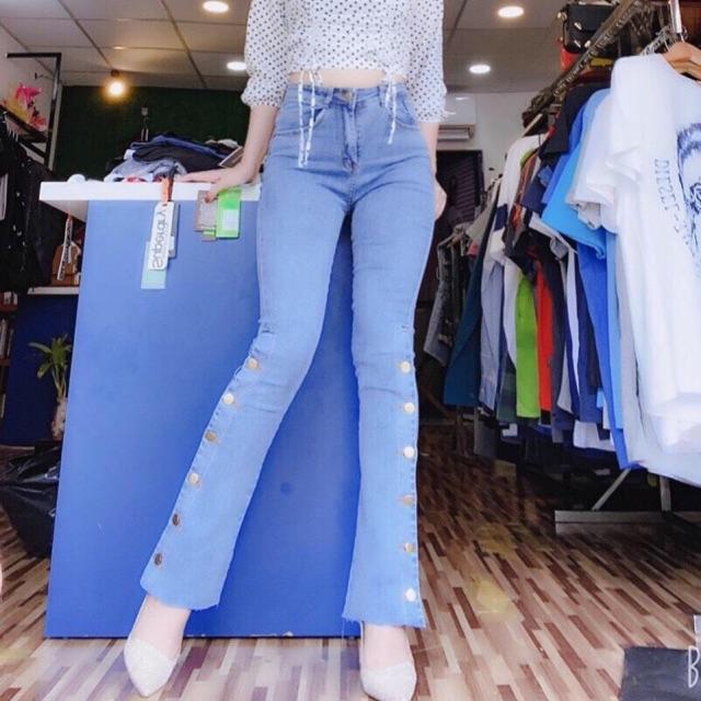 Quần Jeans Nữ, Quần Bò Nữ Ống Loe Dài Kết Nút Thời Trang