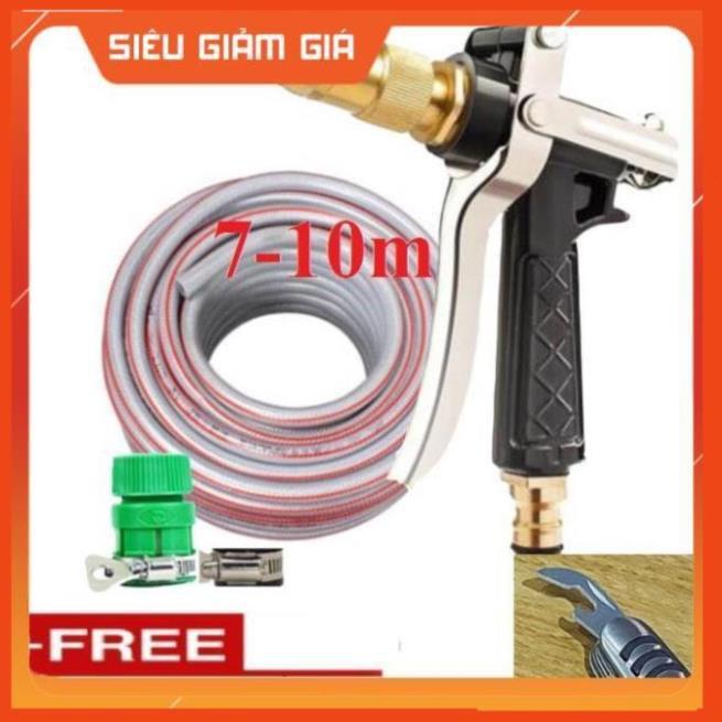 Bộ dây vòi xịt nước rửa xe, tưới cây . tăng áp 3 lần, loại 7m, 10m 206236 đầu đồng,đai+ tặng mở chai