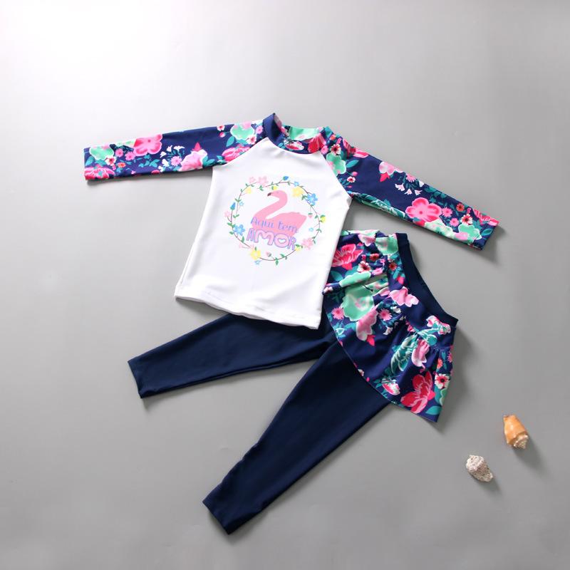 Bé Gái Tay Dài 2 Mảnh Chống Thấm In Hình Trẻ Em Lướt Đồ Bơi Giữ Nhiệt Bé Gái Chia Đồ Bơi Body Trẻ Em Áo Tắm