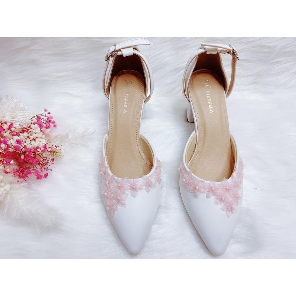 Giày thời trang cao gót 7p, giày cưới thiết kế hoa nhí hồng