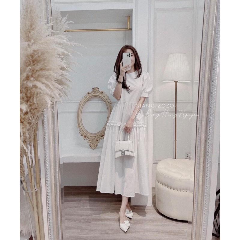 Váy Đầm Trắng Dài Qua Gối Ôm Eo Tôn Dáng
