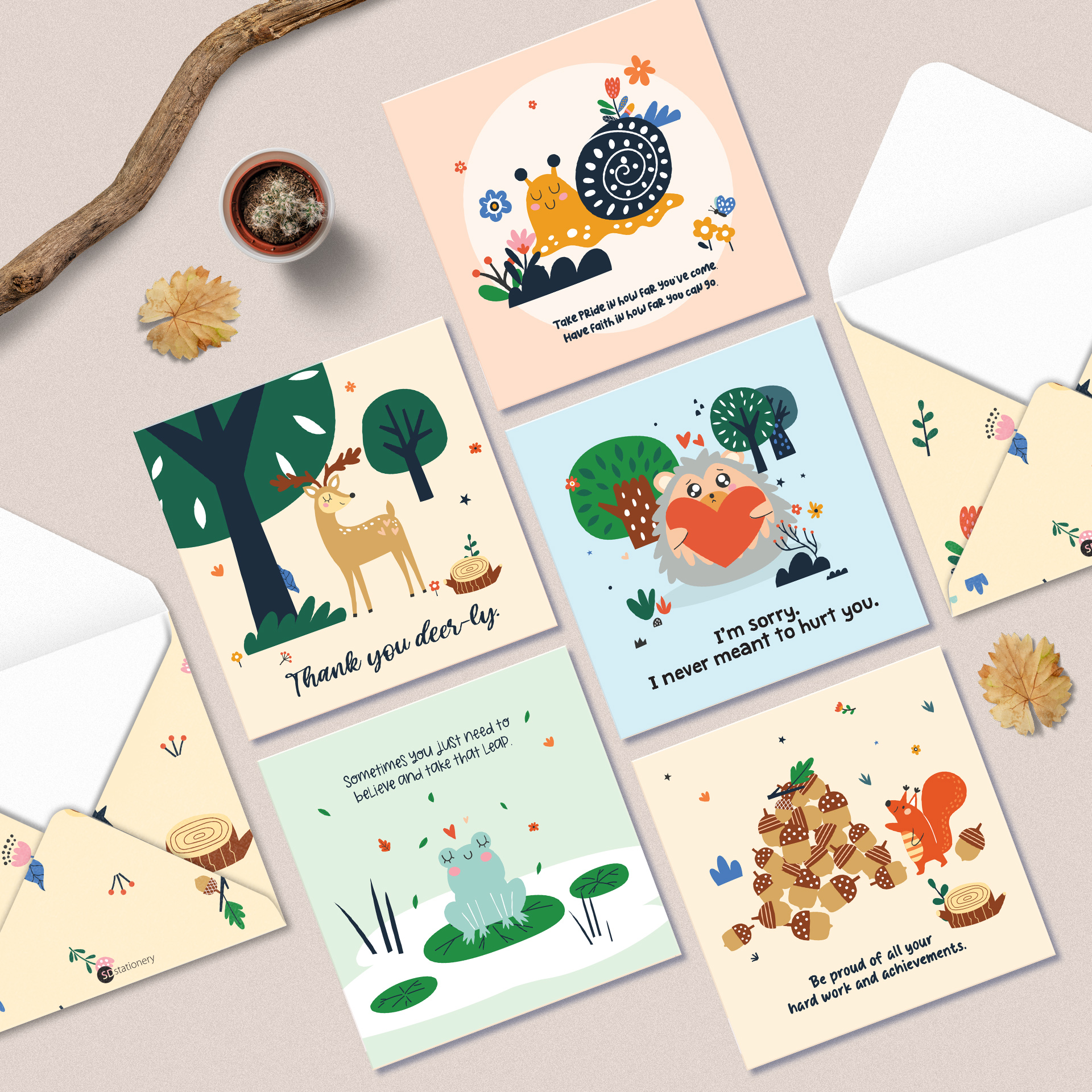 Set 5 thiệp cảm ơn, xin lỗi, chúc mừng, động viên SDstationery Forest minh họa con vật dễ thương, thông điệp ý nghĩa 12x12cm