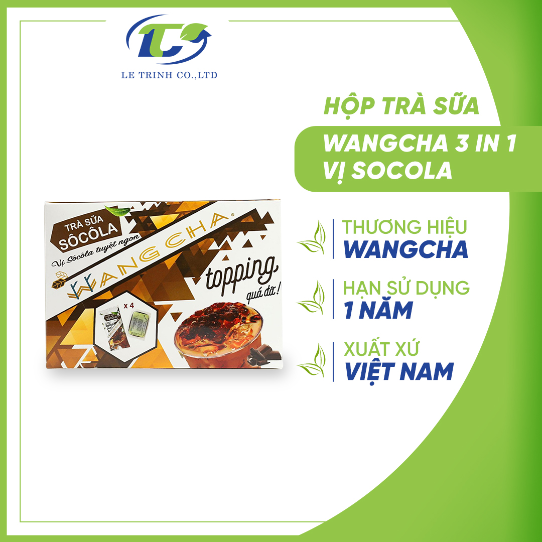 Hộp Trà Sữa Wangcha Vị Socola pha trà sữa tiện lợi kèm  4 túi thạch 3Q caramel - Bột Hòa Tan Trà Sữa Socola 4 gói và Thạch 3Q Caramel 4 gói thơm ngon đi kèm - Trà Sữa Vị Socola cao cấp, dễ sử dụng (400gr/hộp)