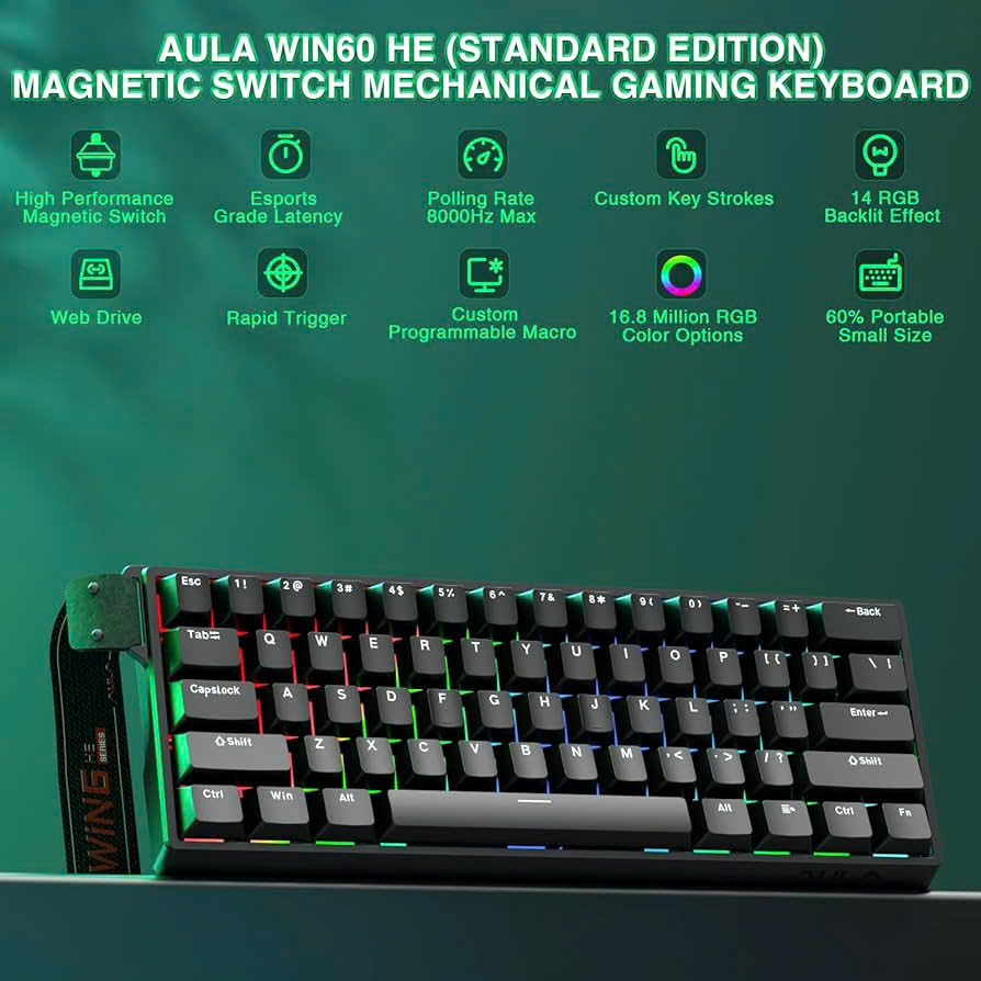 Bàn phím cơ Gaming có dây AULA WIN60HE (Phiên bản Đen/ Gray Wood magnetic switch - Rapid trigger) - Hàng Chính Hãng
