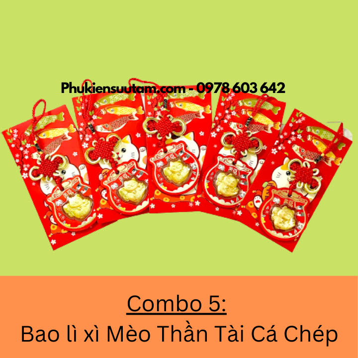 Combo 5 Bao Lì Xì Mèo Thần Tài Cá Chép, kích thước: 17cmx9cm, màu đỏ - SP005934