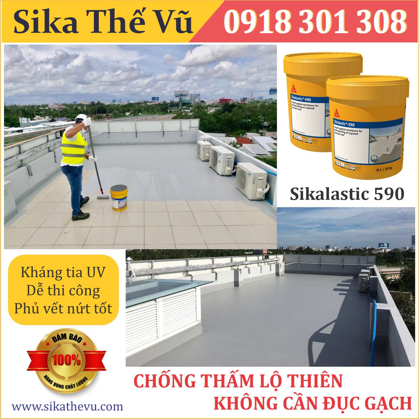 Chống thấm không cần đục gạch, chống thấm sân thượng, sàn mái lộ thiên - Sikalastic 590 (thùng 20kg)