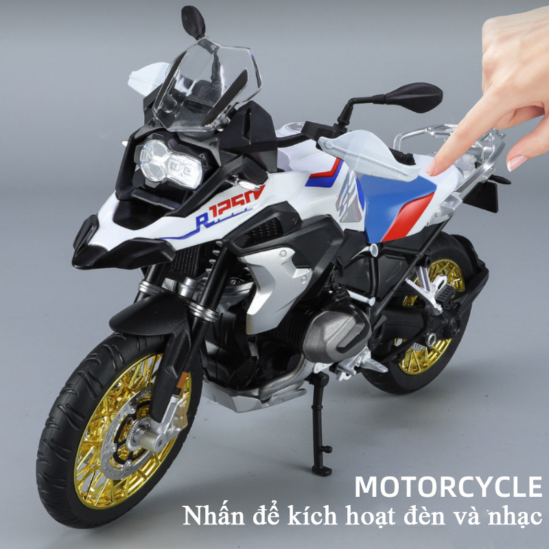 Mô hình xe mô tô BMW R1250GS tỷ lệ 1:9 có nhạc và đèn bằng hợp kim kèm 3 thùng capo