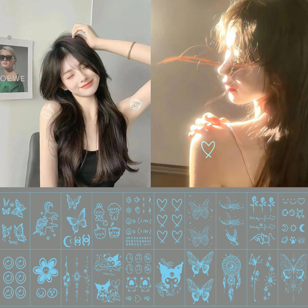 Set 20 Tờ Hình Xăm Phát Sáng Miếng Dán Tattoo Tạm Chời Hình Bướm, Trái Tim, Gấu, Mặt Cười, Hoa