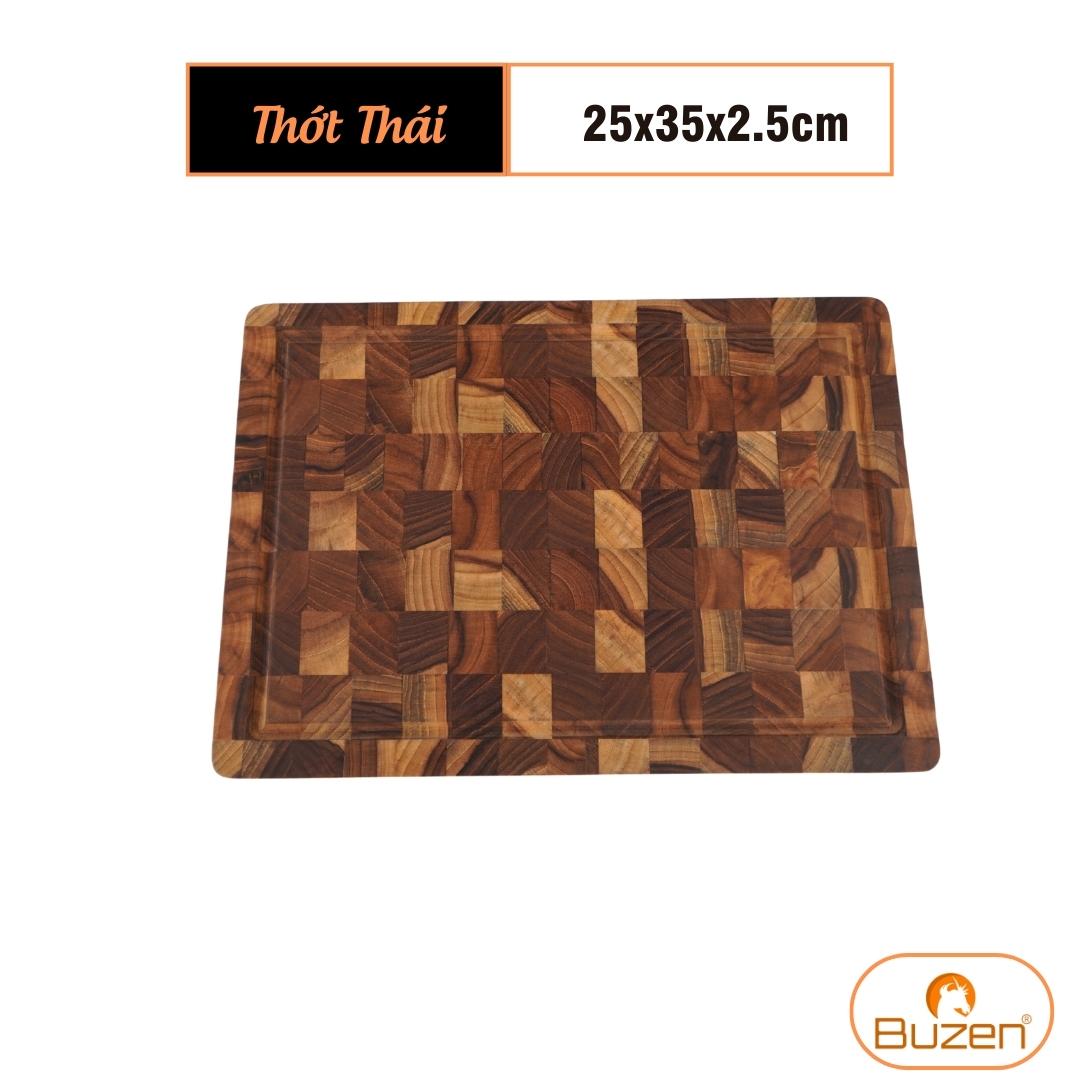 Thớt Gỗ Teak BUZEN Chữ Nhật Cao Cấp 25x35x2.5cm Gỗ Cao Cấp Không Ra Mùn Dăm, Bảo Vệ Lưỡi Dao, Có Kiểm Định An Toàn ( Dùng Cắt thái băm nhẹ cho gia đình)