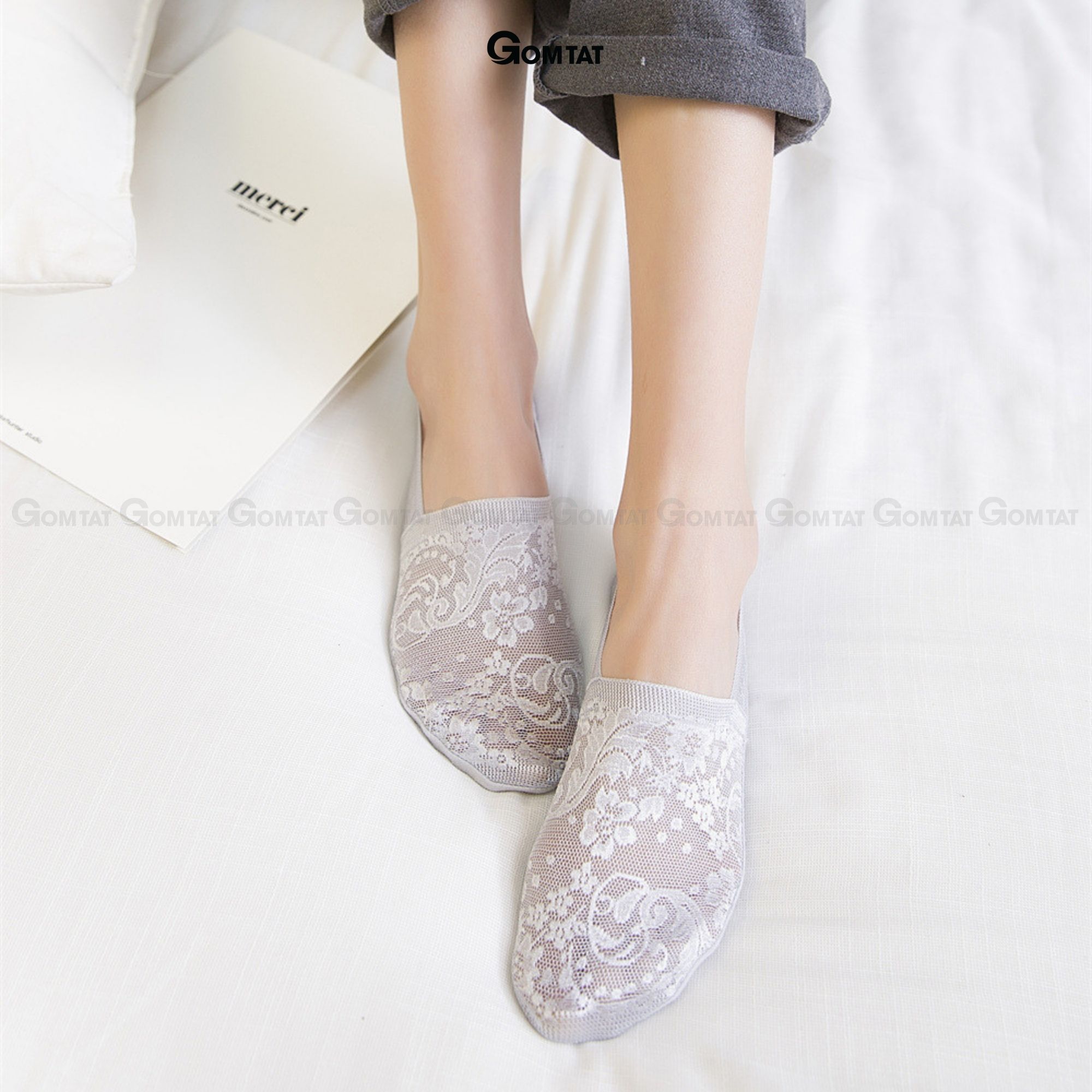 Tất nữ đi giày búp bê có bo thun chống tuột gót, vớ lười nữ chất liệu lụa phối ren cao cấp - LUAREN-PO-3028-1DOI