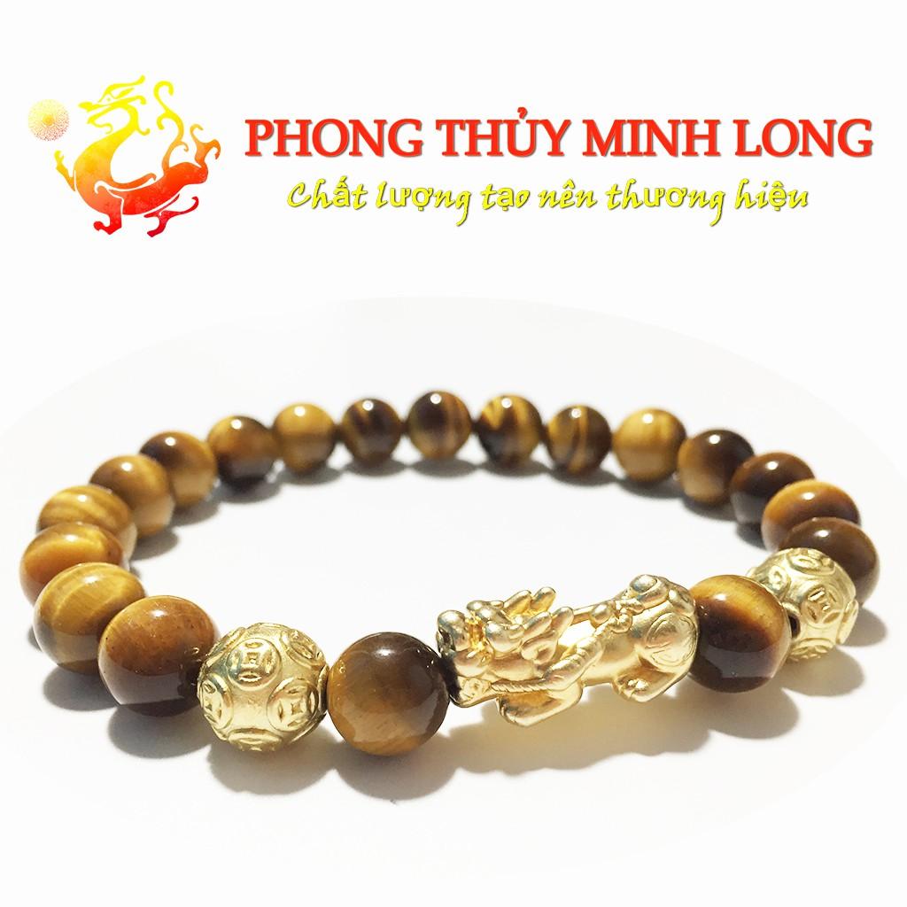 Vòng tay đá mắt hổ Vàng Nâu 5A mix Tỳ Hưu và 2 hạt kim tiền vàng hợp mệnh Kim và Thổ