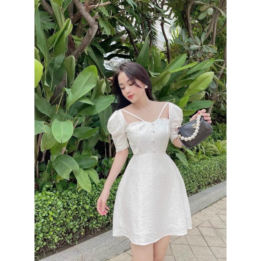 Váy đầm nữ dáng xòe tay bồng cổ vuông chéo dây sang trọng cuốn hút