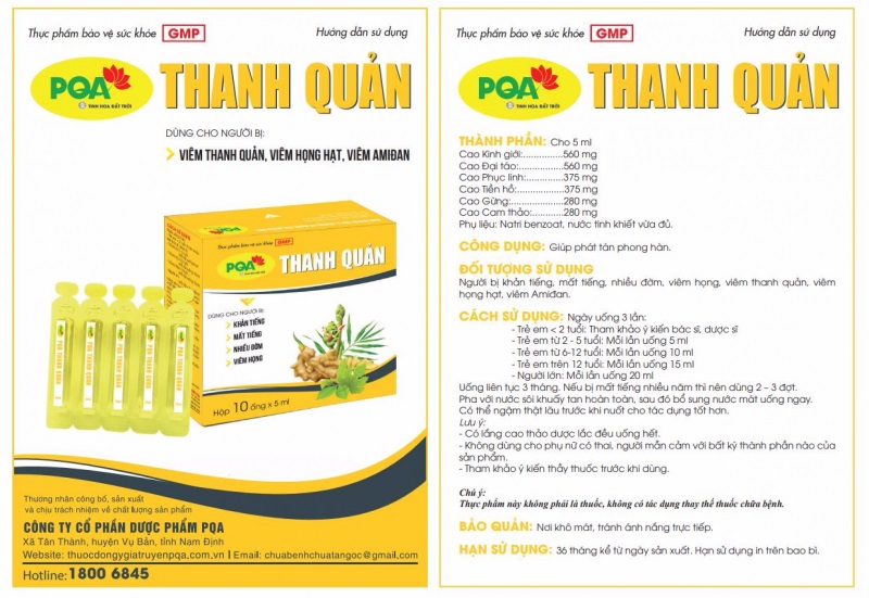 Thanh Quản PQA Dùng Cho Người Bị Khản Tiếng, Mất Tiếng, Viêm Thanh Quản, Viêm Họng Hạt Hộp 10 Ống