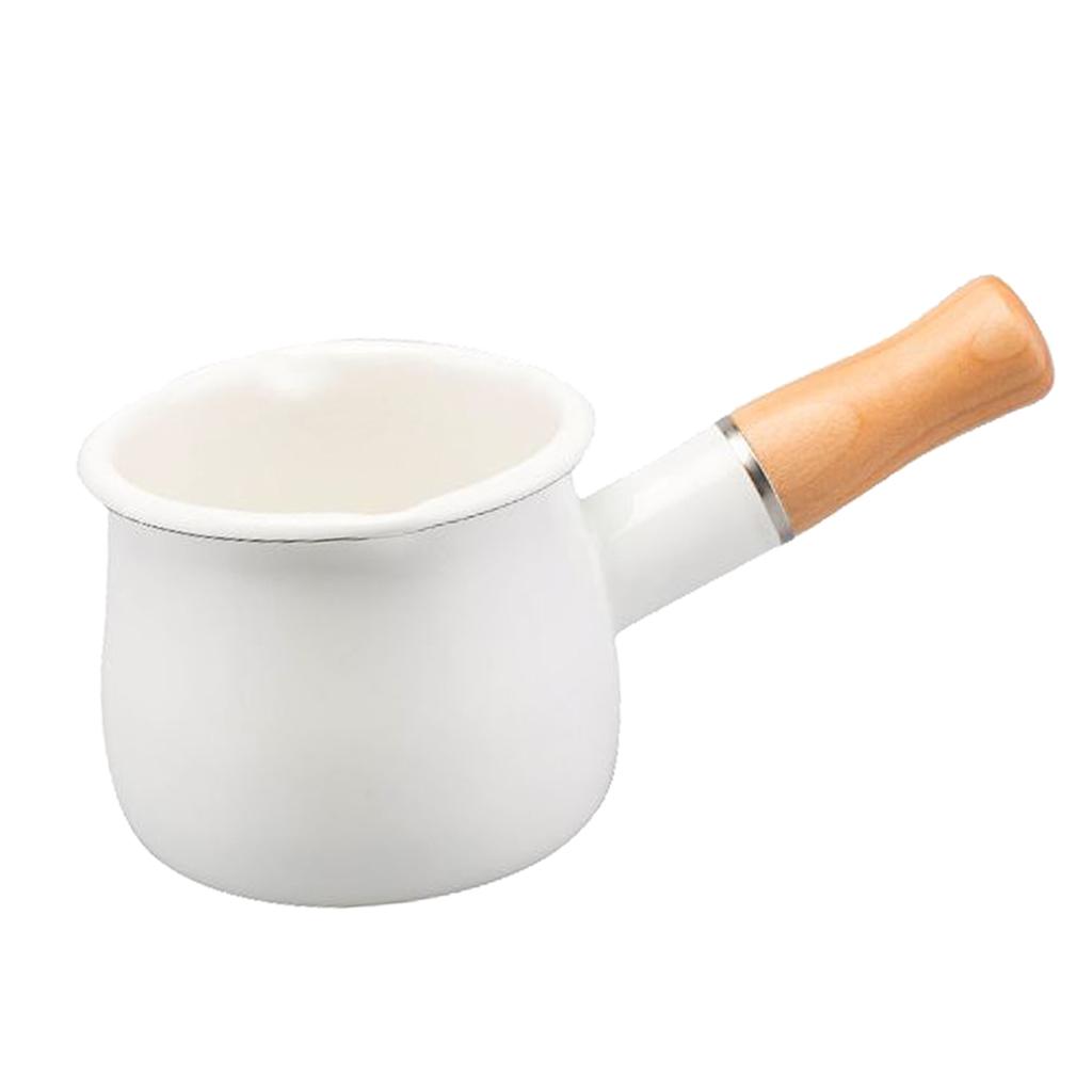 550ml Small Enamel Milk Cooking Sauce Pan Pot Wooden Handle Cookware White