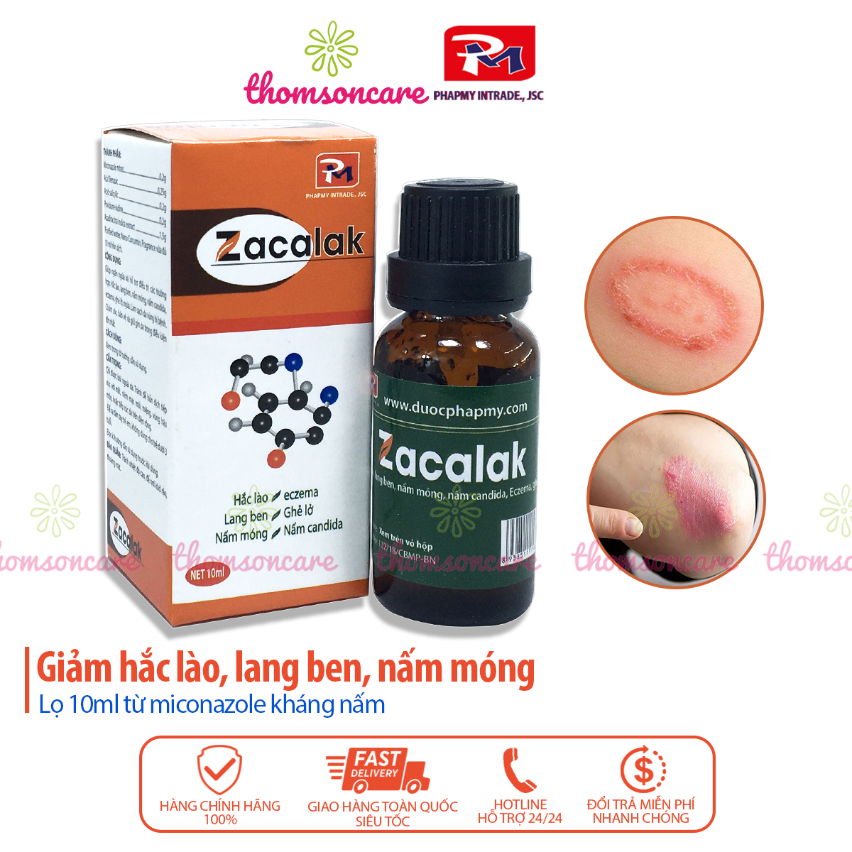 Zacalak - Lọ 10ml - Bôi hắc lào, lang ben, hỗ trợ giảm nấm móng - Từ cồn povidone Iod và Miconazole