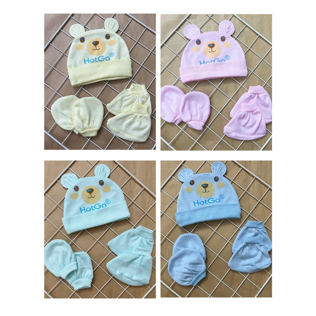 Set Nón Bao Tay Bao Chân Tai Gấu Cotton Màu HOTGA cho bé sơ sinh