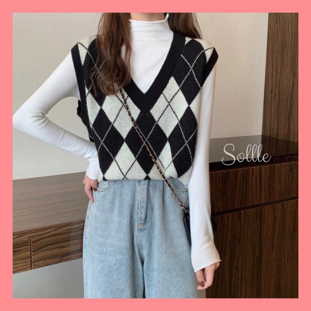 Áo len nữ gile họa tiết ô trám chất đẹp vintage thu đông Hàn Quốc Sollle