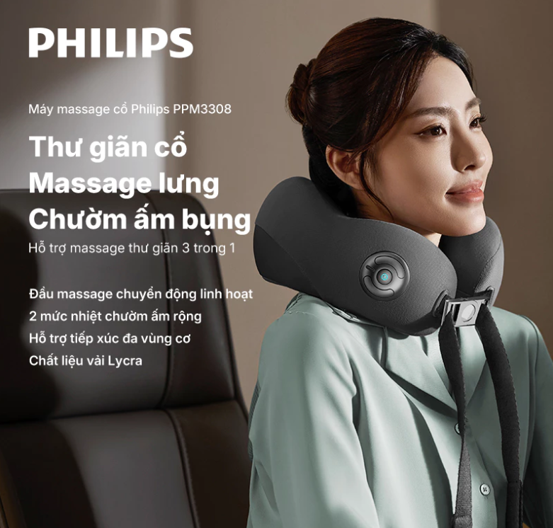 Máy Massage Cổ Philips PPM3308 - 5 Chế Độ Massage - Chườm Ấm Kép - Hàng chính hãng