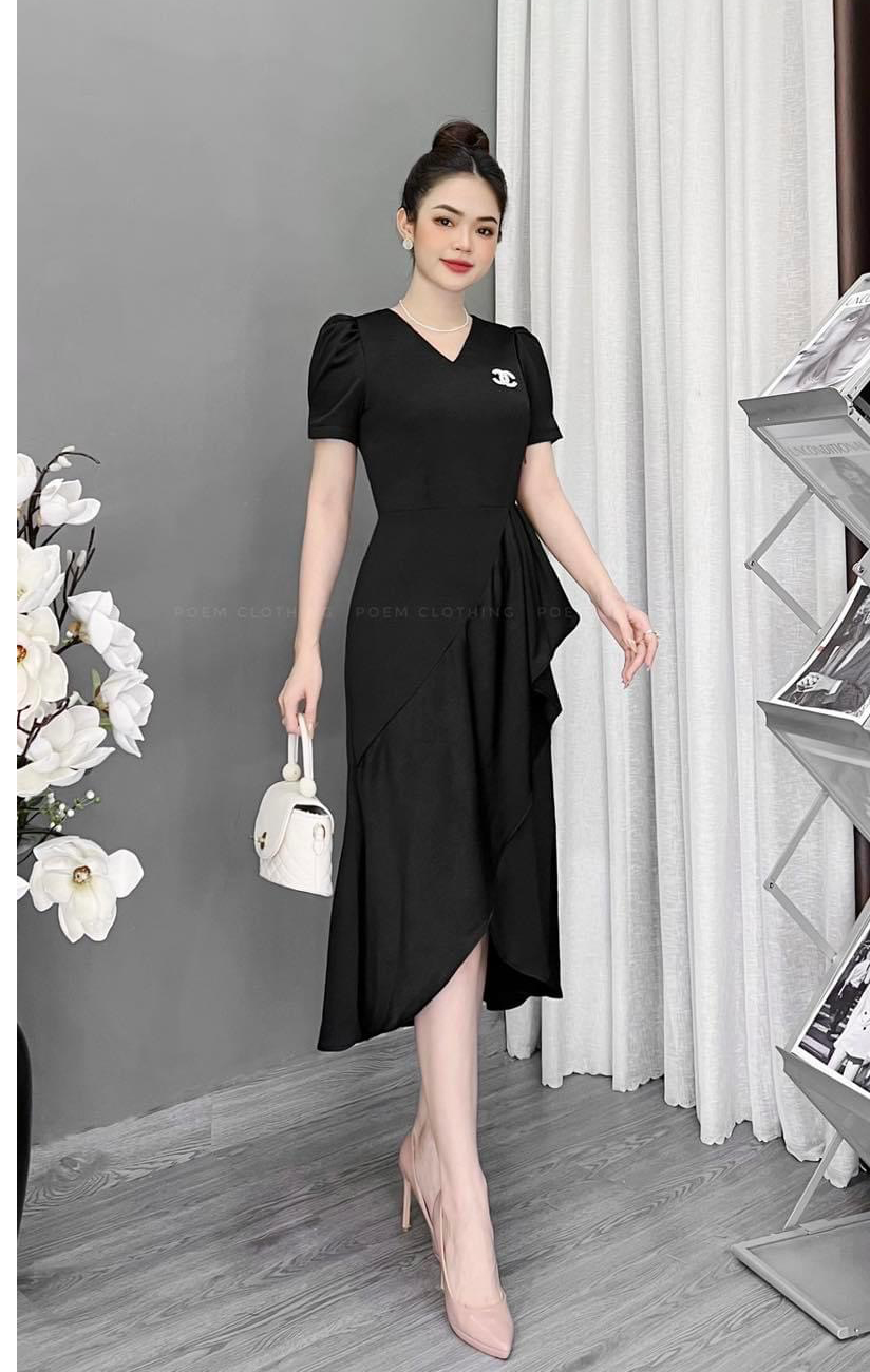 Đầm phối bèo gắn phụ kiện xinh - D068- Khánh Linh style - Lady Fashion