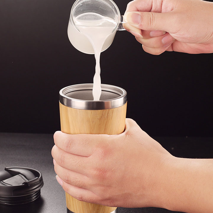 Cốc uống trà, cà phê vỏ tre 450ml, lõi inox 304, nắp bật