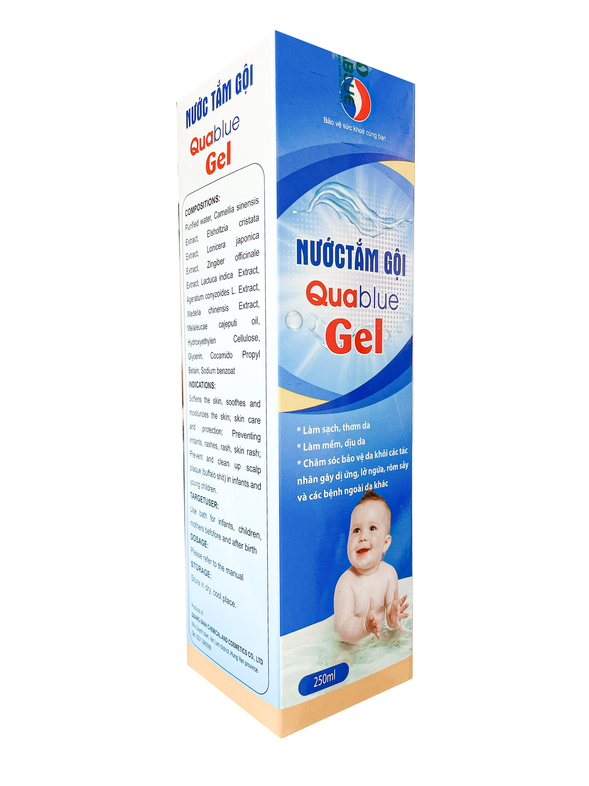 Chai Nước Tắm Gội Thảo Dược Sạch Da Dịu Nhẹ An Toàn Ngăn Ngừa Rôm Sảy Quablue Gel Chai 250ml