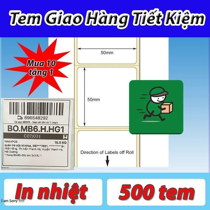 Set 5 cuộn giấy in tem mã vạch khổ 50*50mm cuộn 30m