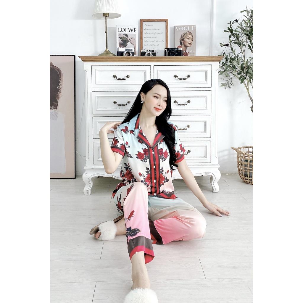 Set bộ Pijama nữ quần dài ống suông rộng và áo tay ngắn in họa tiết vải lụa latin cao cấp - HMN Fashion