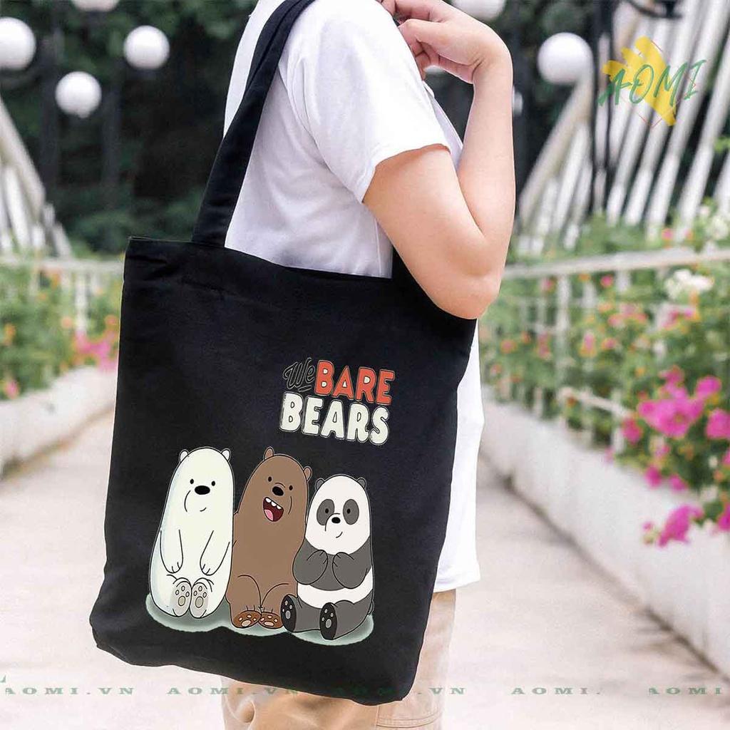 TOTE CANVAS GẤU WE ARE BEARS TÚI VẢI ĐEO VAI BAG KHÓA KÉO SIZE LỚN 33x38cm AOMIVN MÀU ĐEN TRẮNG