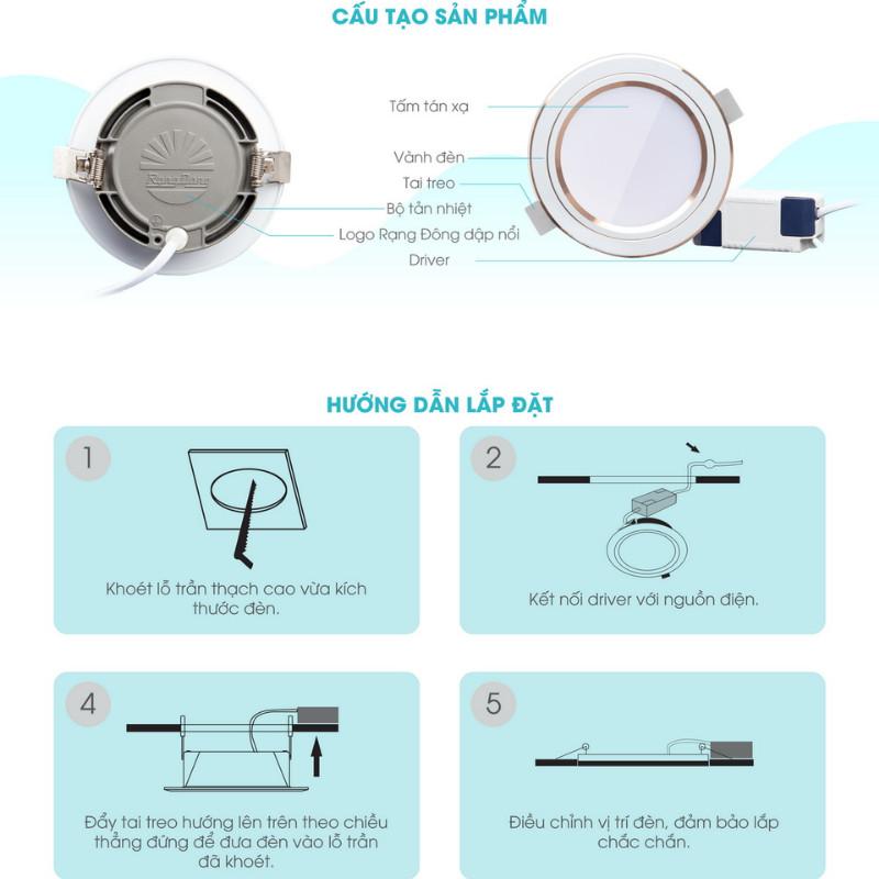 Đèn led âm trần Rạng Đông, Downlight, đổi mầu, siêu sáng 8W,10W,12W, lỗ trần 90,110 AT20 ĐM - Đổi mầu viền vàng