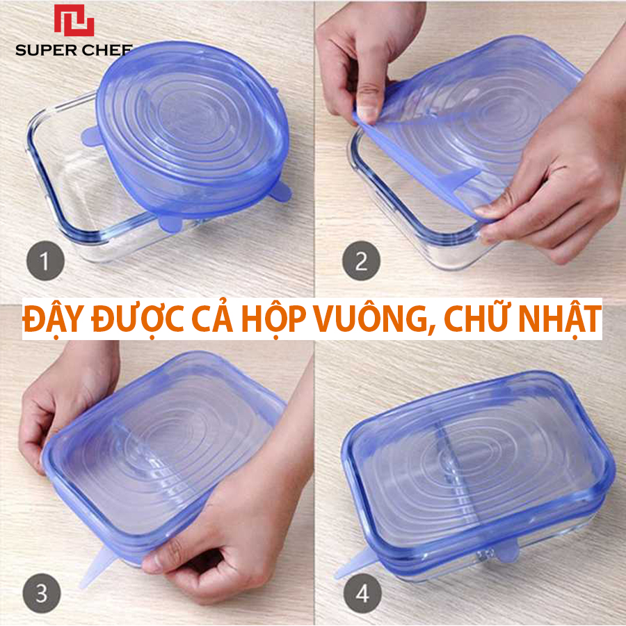 Bộ Nắp Silicon Super Chef Thay Thế Màng Bọc Thực Phẩm Siêu Tiện Lợi (6 cái/bộ)