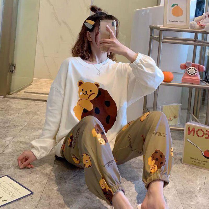 Đồ bộ nữ tay dài in hình họa tiết dễ thương,phù hợp mang mùa thu đông