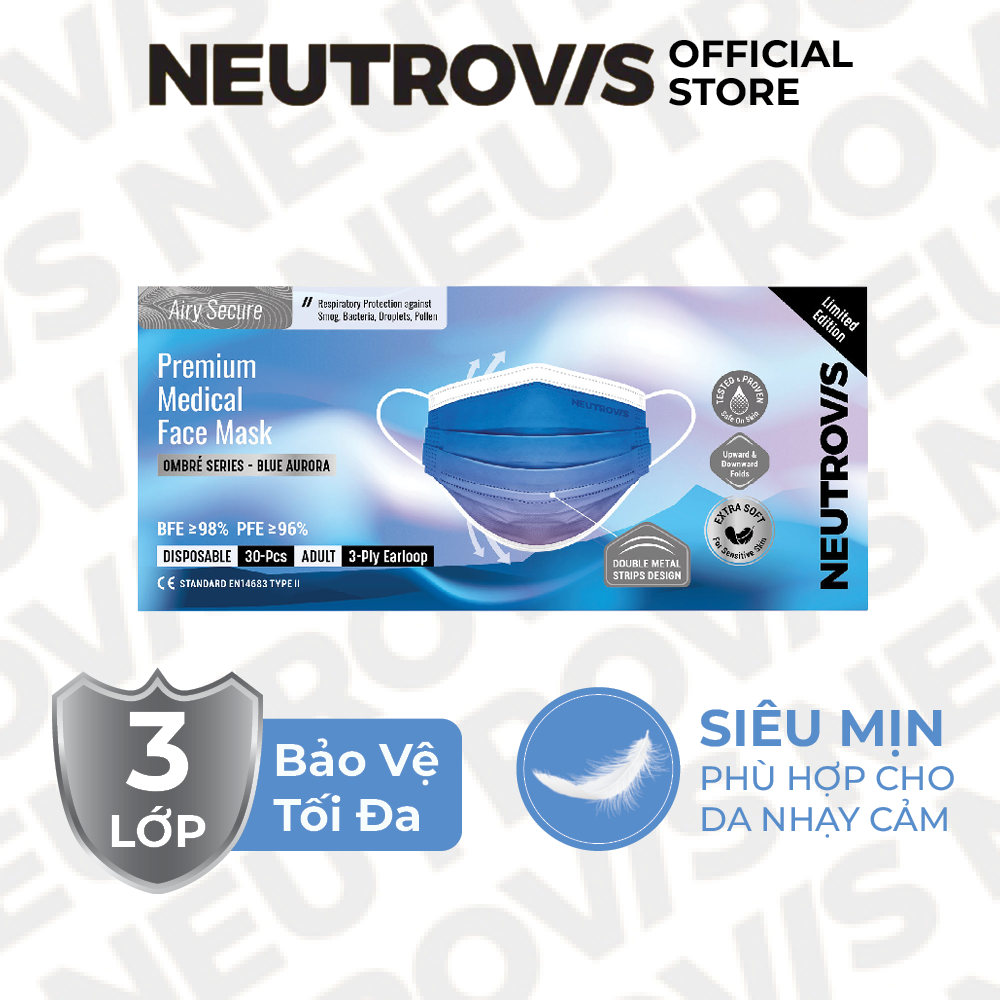 Khẩu Trang Cao Cấp Kháng Khuẩn 3 Lớp Neutrovis - Blue Aurora (30 Cái/Hộp)