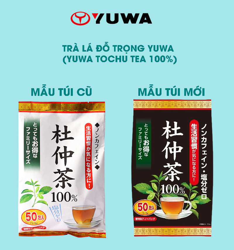 Trà Lá Đỗ Trọng Yuwa 100% Lá Đỗ Trọng (gói 50 túi lọc) Giảm Stress, Chống Lão Hóa , Hỗ Trợ Giảm Cân, Tốt Cho Tim Mạch(Mẫu mới)