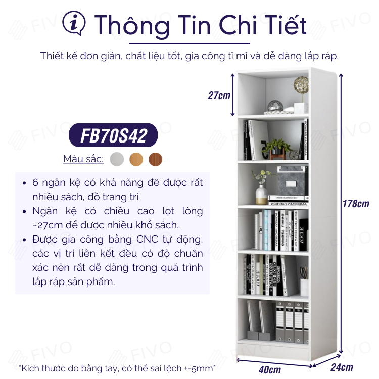 Giá Kệ Sách Để Sàn 5 Tầng Gỗ Cao Cấp Màu Trắng FIVO Mã FB70 Gỗ MDF Phủ Melamine Chống Thấm Bề Mặt Phù Hợp Với Nhiều Không Gian