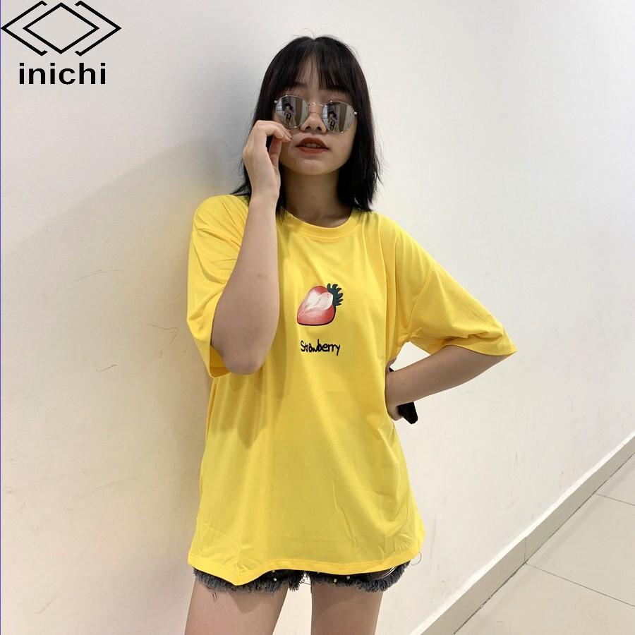 Áo thun INICHI unisex tay lỡ form rộng in hình quả dâu - IC611 màu kem