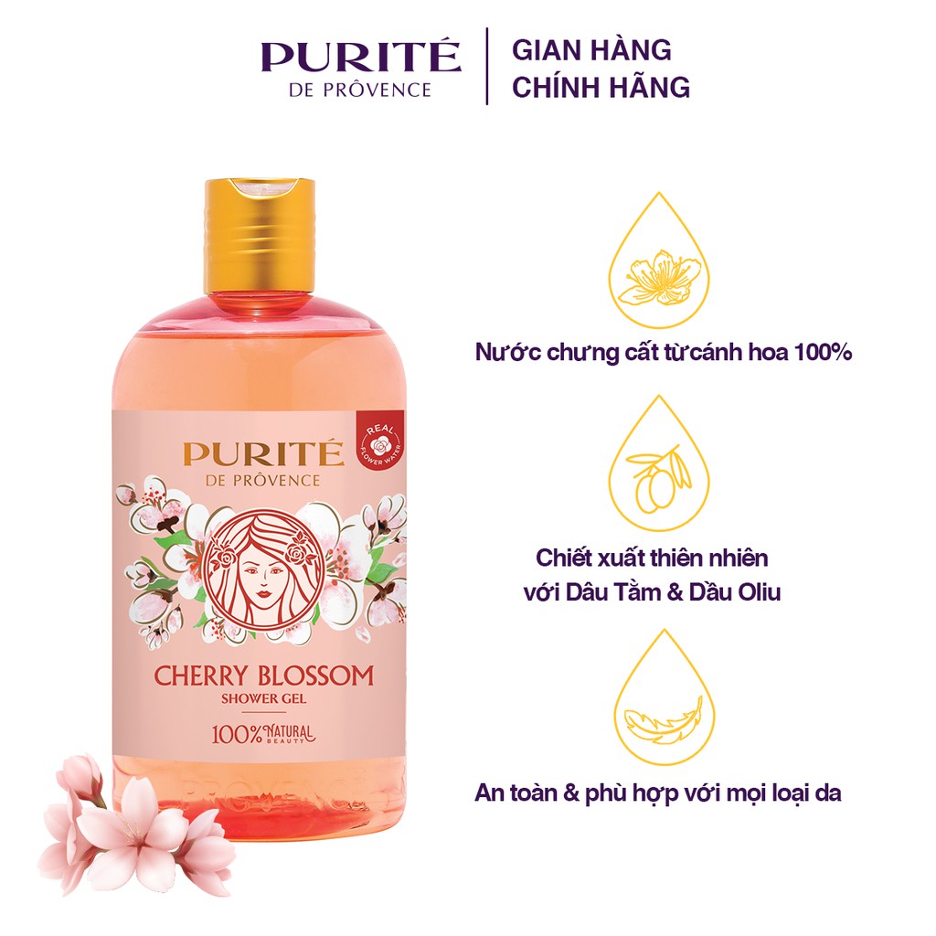 Combo Sữa tắm 500ml và Dưỡng thể 250ml Purite De Provence Hoa Anh Đào