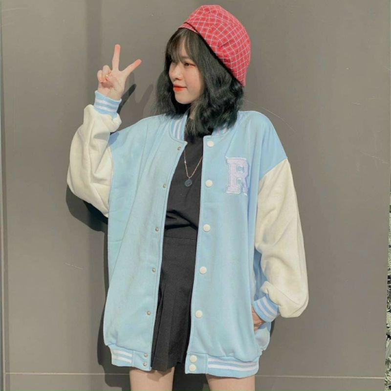 Áo Khoác Nỉ Bomber Thêu R Ulzzang Nam Nữ Form Rộng